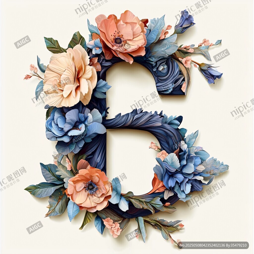 花卉装饰的字母G艺术图案