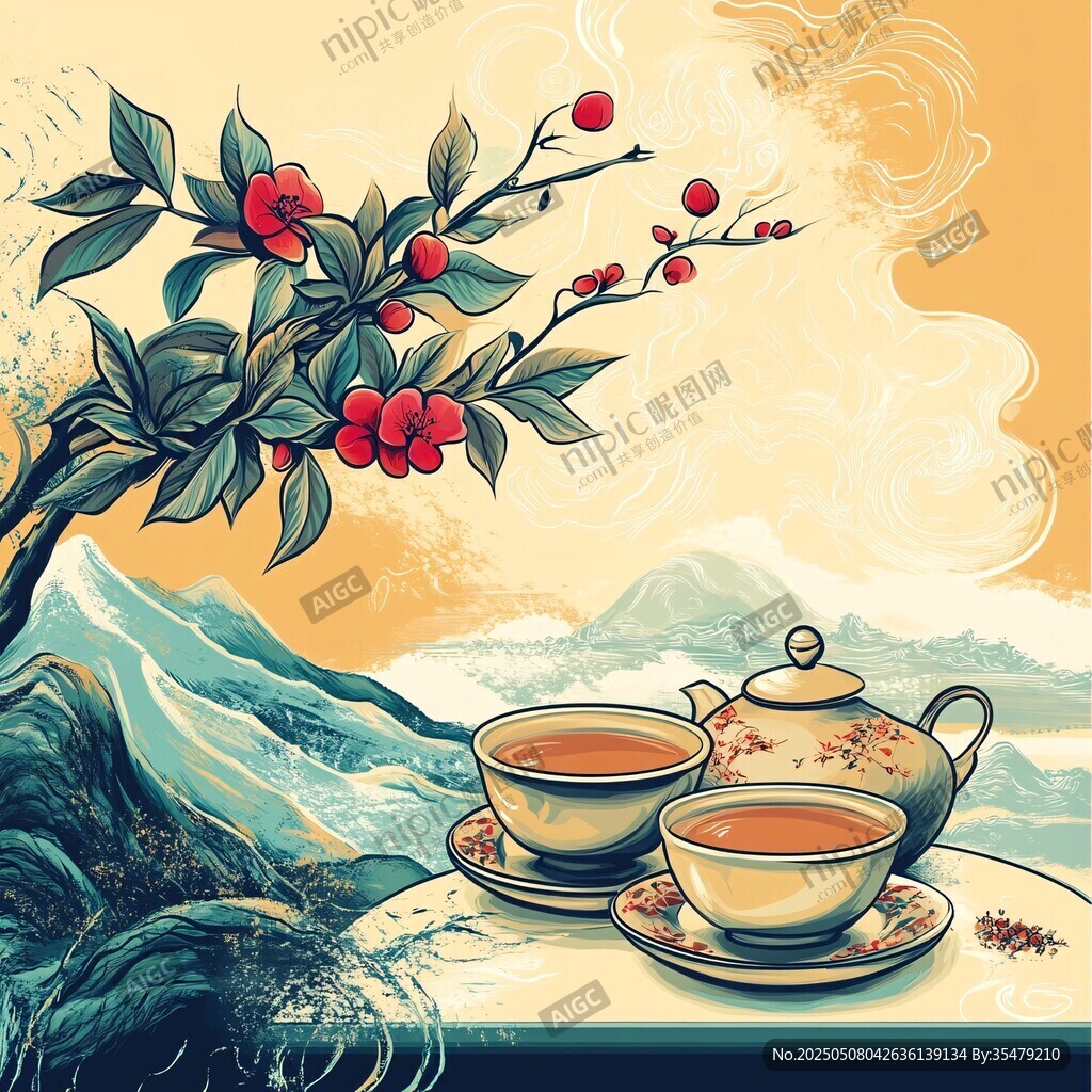 茶香四溢的中式山水茶景