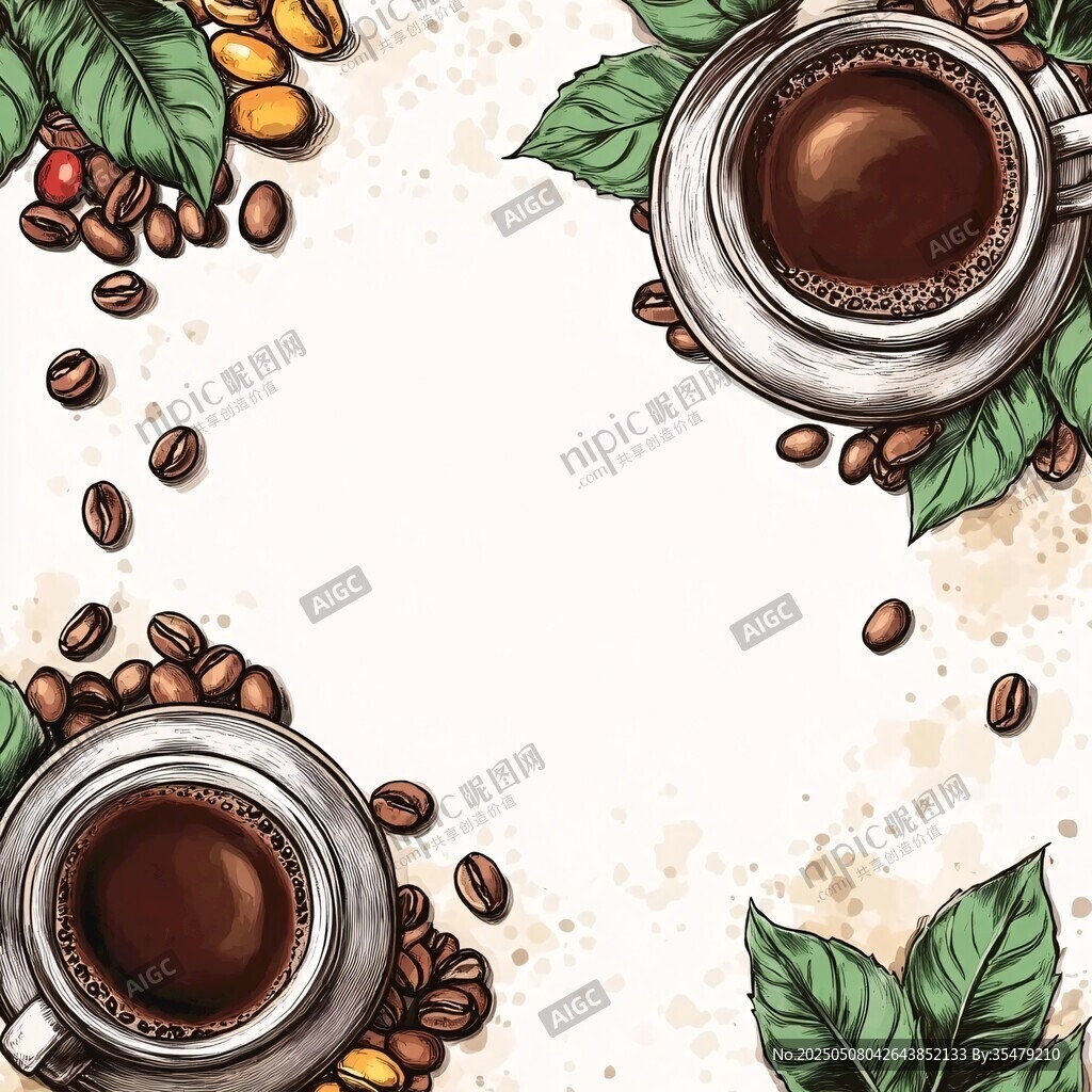 双杯咖啡与咖啡豆插画图