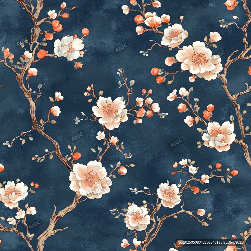 深蓝色底中式花卉图案