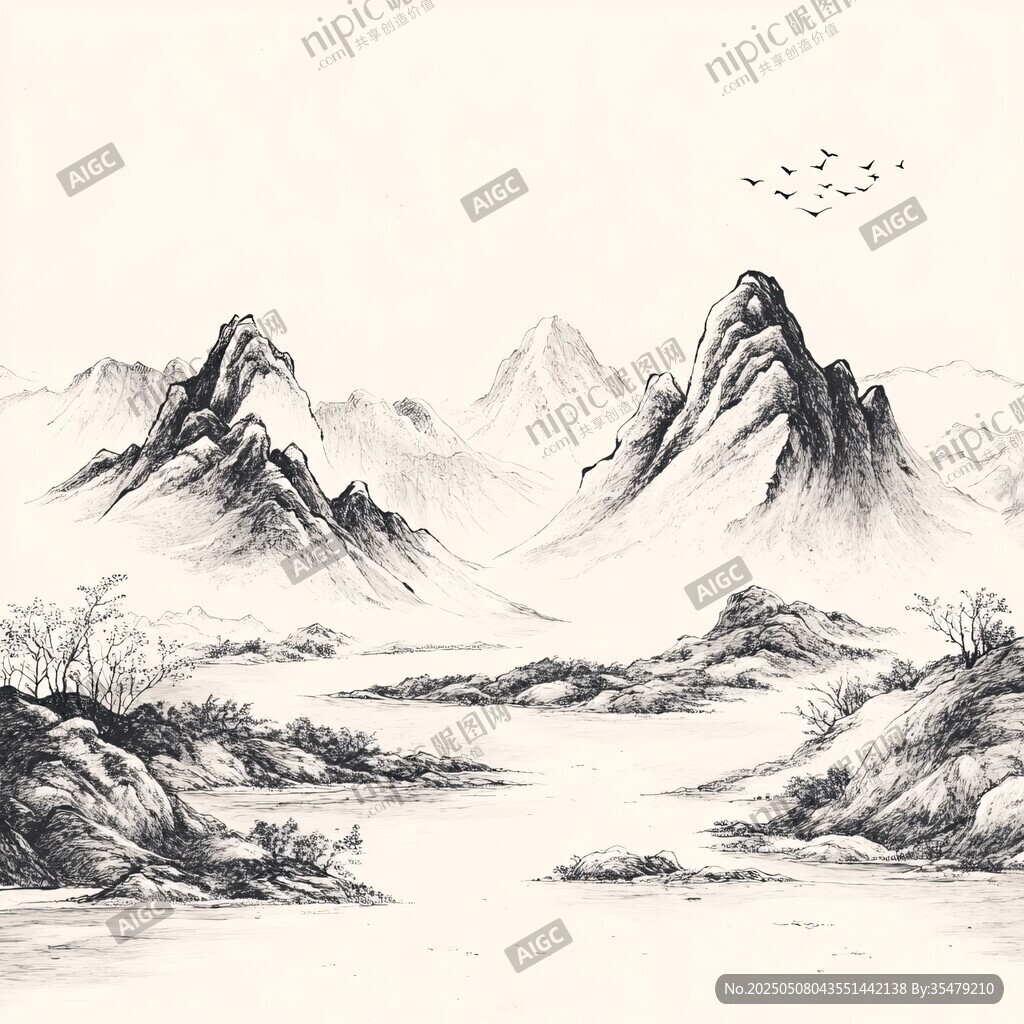 水墨山水间 飞鸟伴奇峰