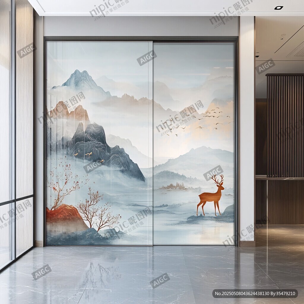 中式山水麋鹿移门装饰画