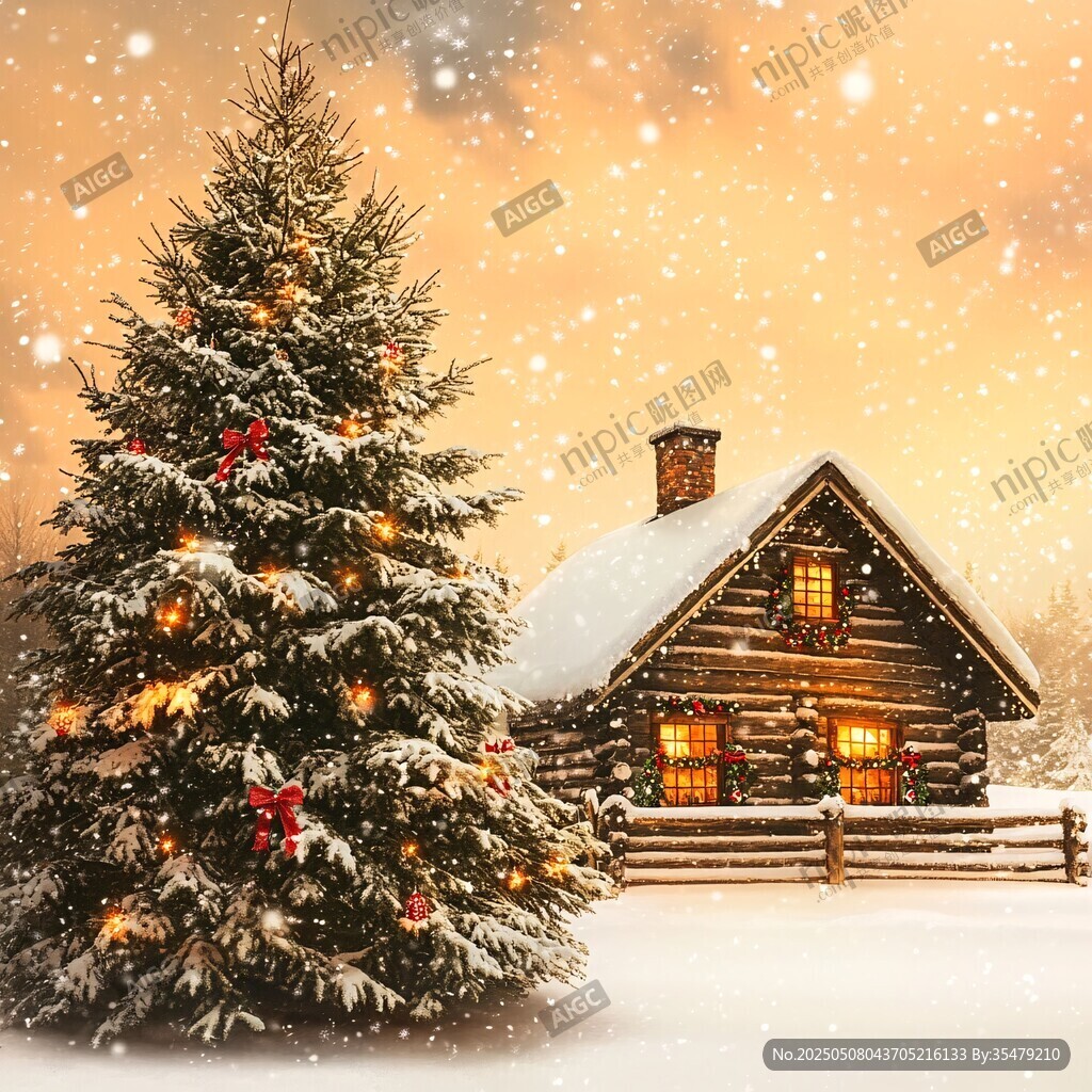 雪夜木屋旁的璀璨圣诞树