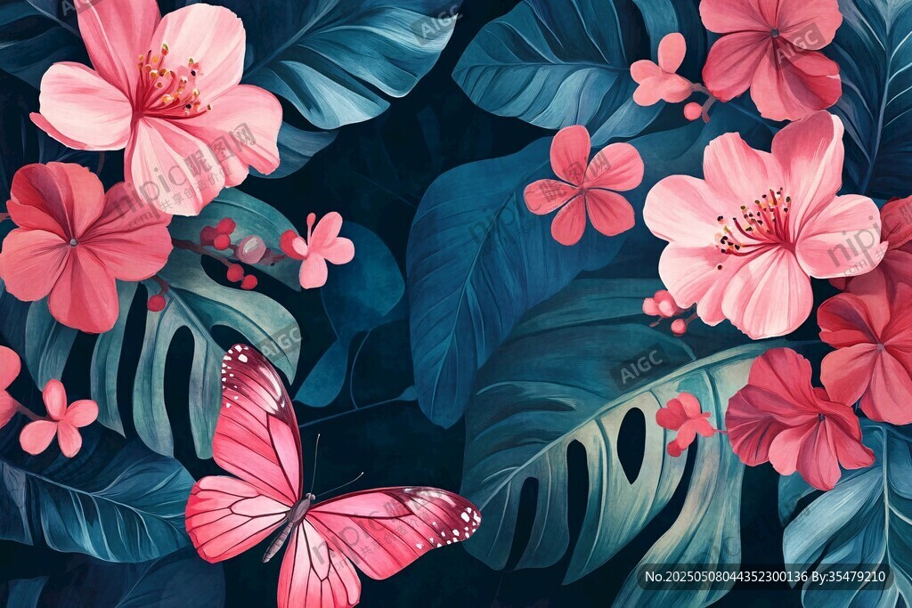 粉色花卉与蝴蝶梦幻图案