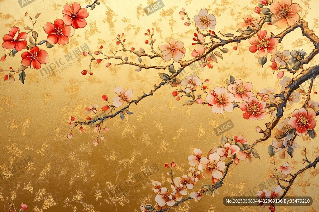 中式金底繁花枝头图