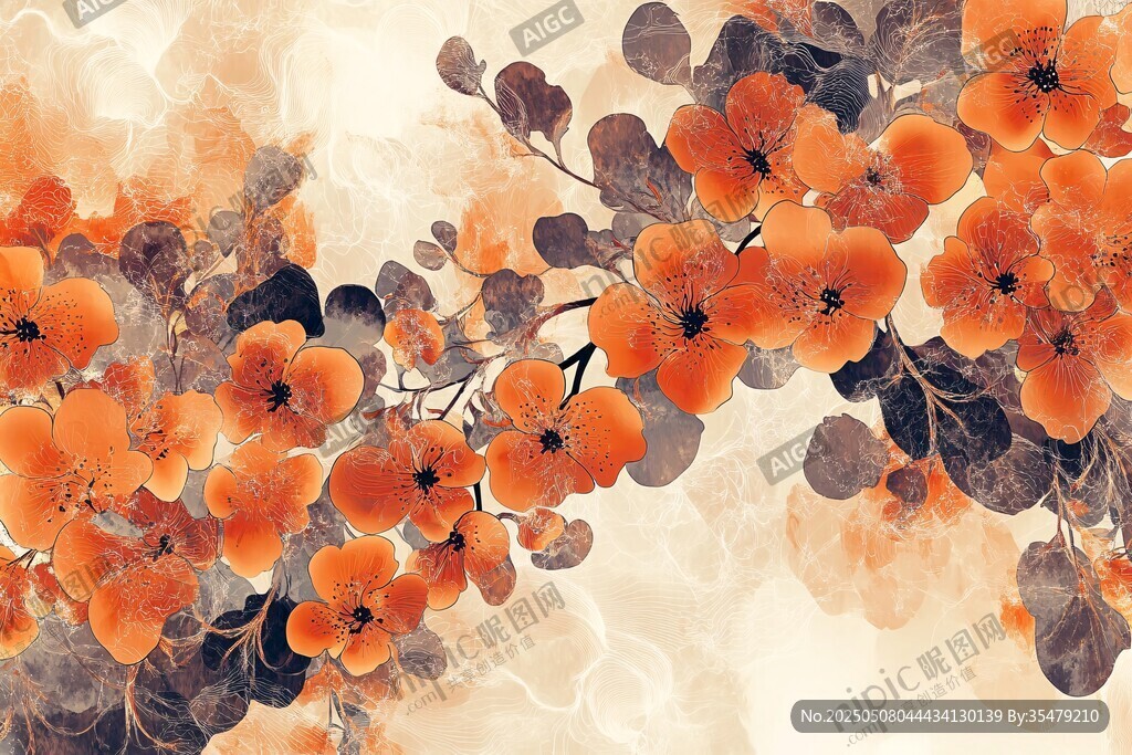 水墨风橘色花卉艺术画