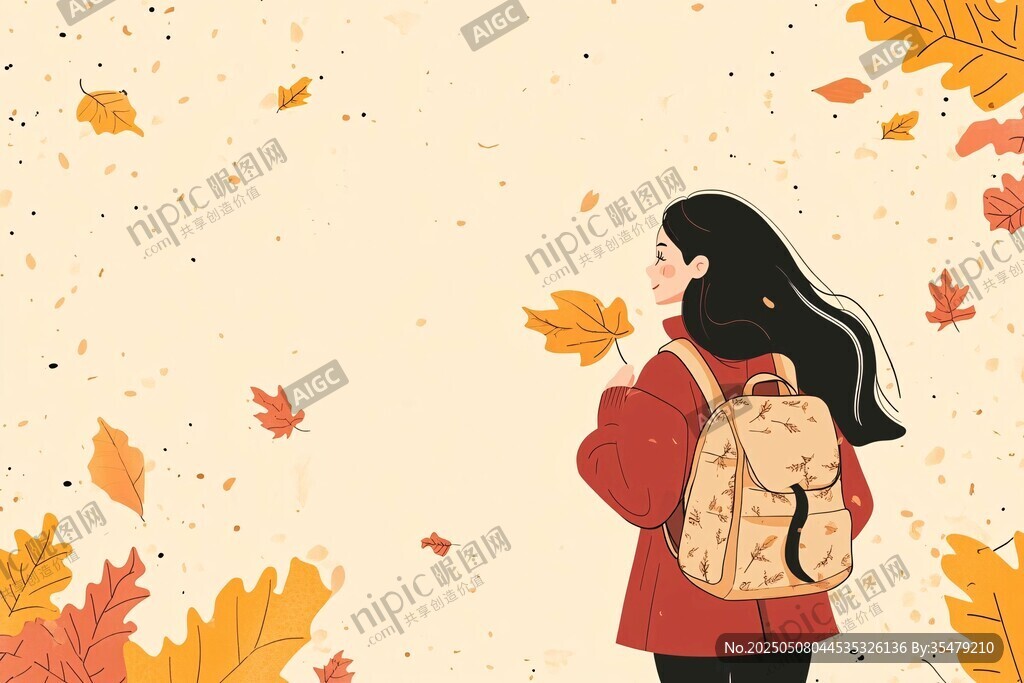 秋日少女漫步赏落叶
