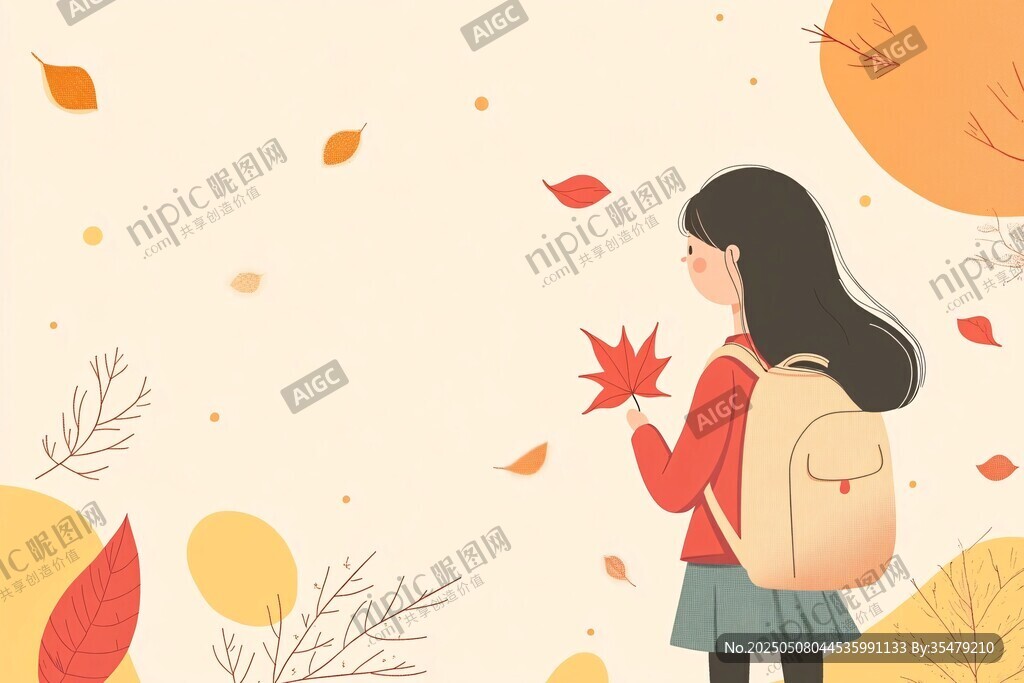 秋日少女手持枫叶的浪漫