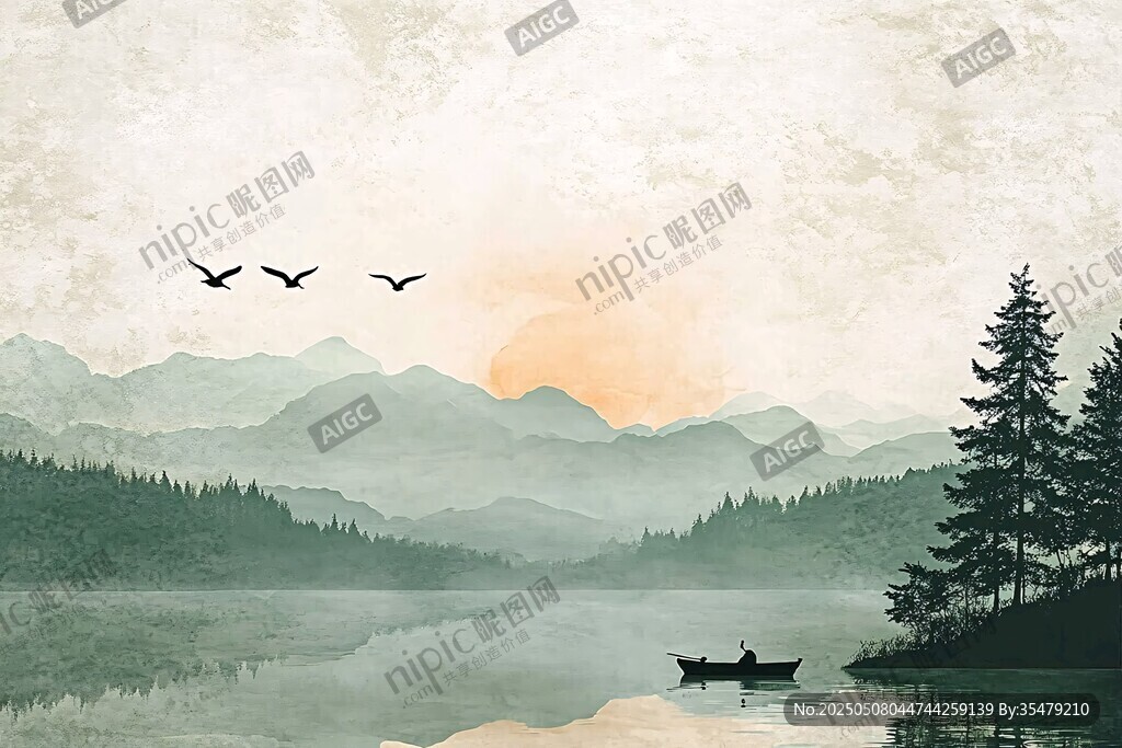 湖山暮景 扁舟飞鸟图