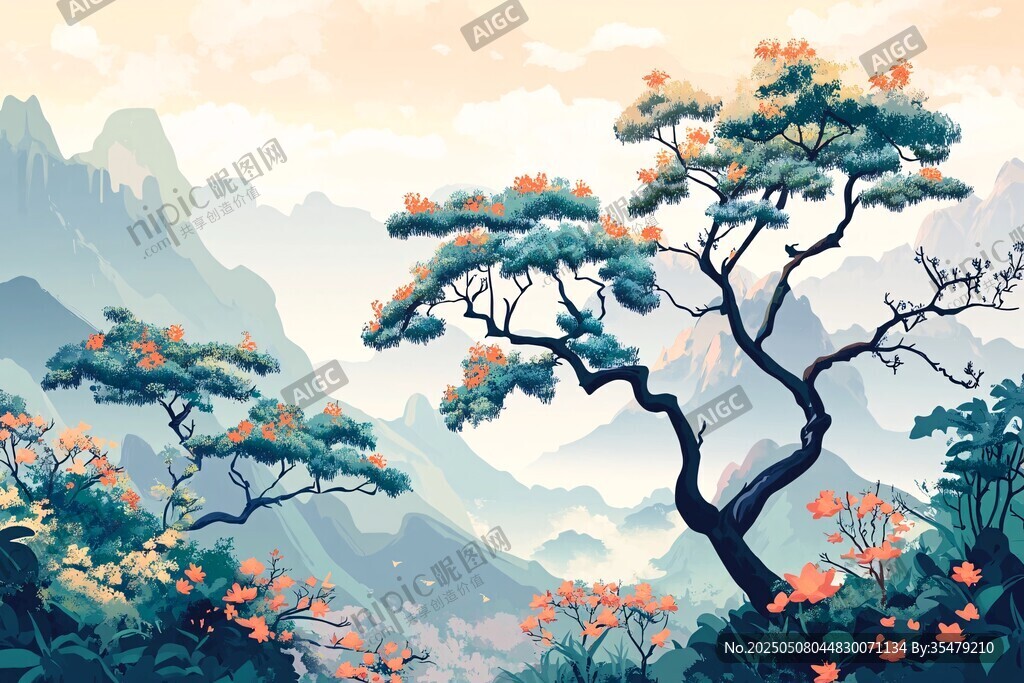 山间青松伴繁花美景