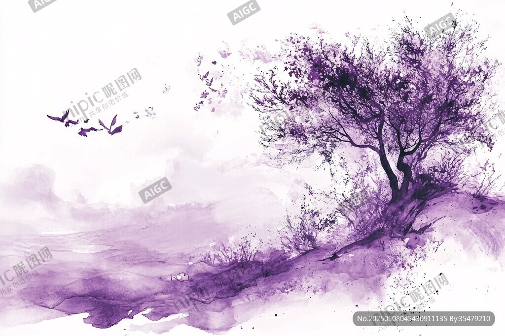紫色梦幻树与飞鸟水墨画