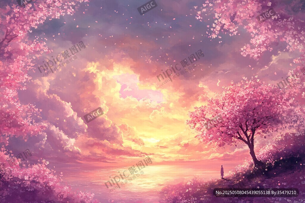 梦幻樱花下的唯美黄昏景色