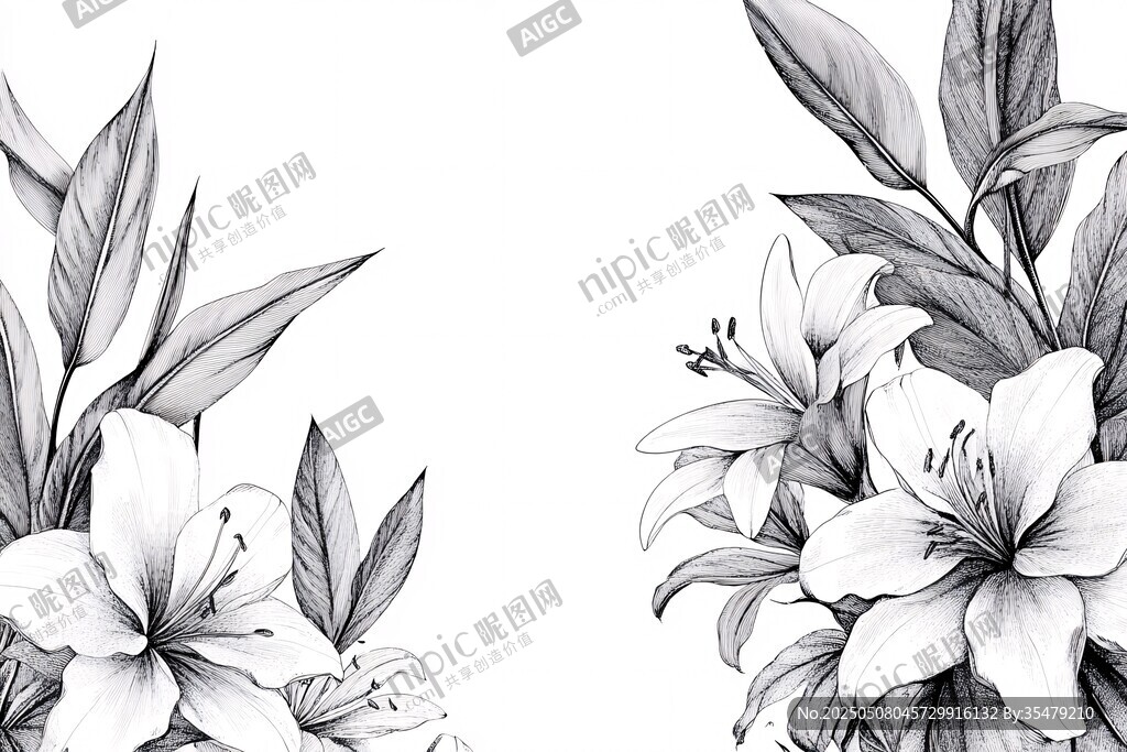 黑白花卉插画装饰元素