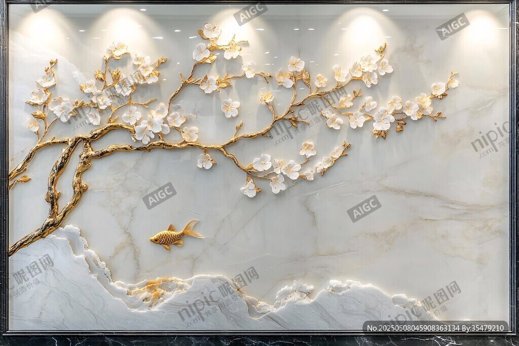 金枝玉梅游鱼背景墙