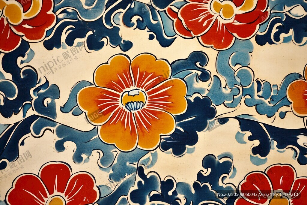 中式花卉海浪图案纹理