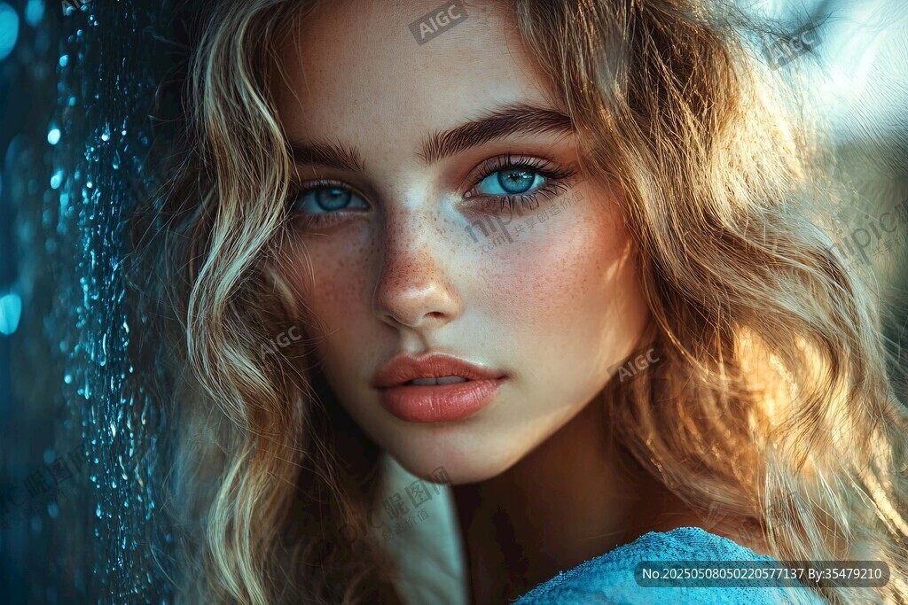 蓝眸卷发的迷人少女