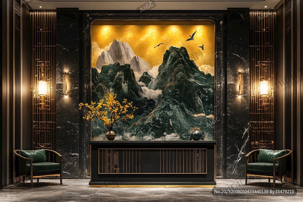 中式玄关山水壁画装饰空间