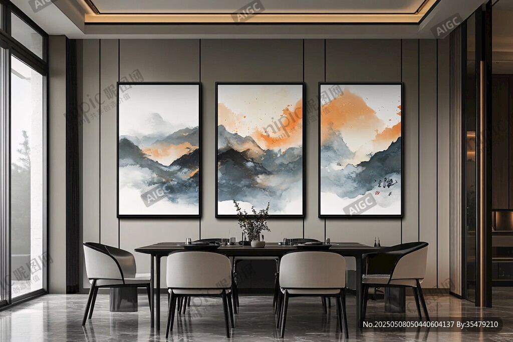 现代中式餐厅 山水挂画装饰