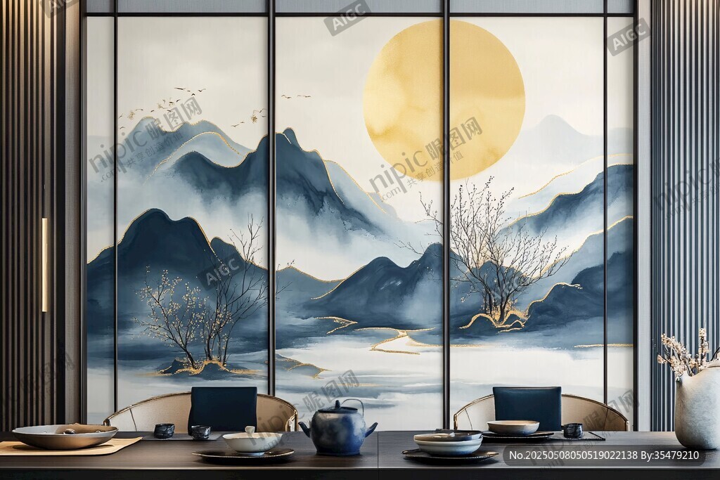 中式山水屏风下的雅致茶室