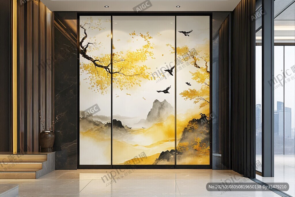 中式玄关山水花鸟艺术屏风