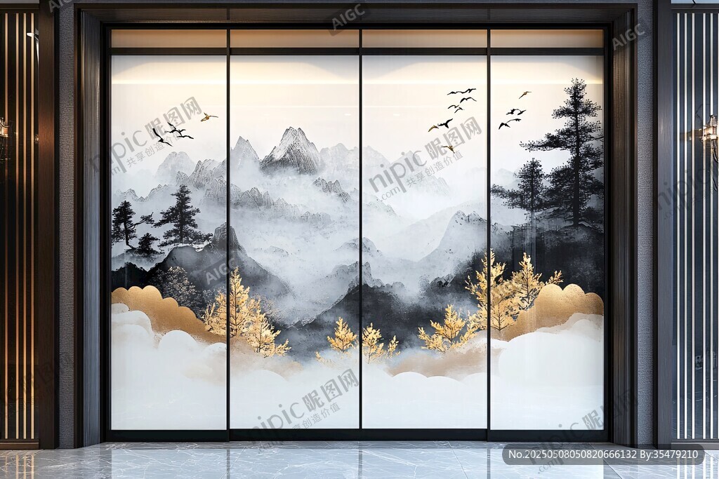 中式山水意境玻璃移门