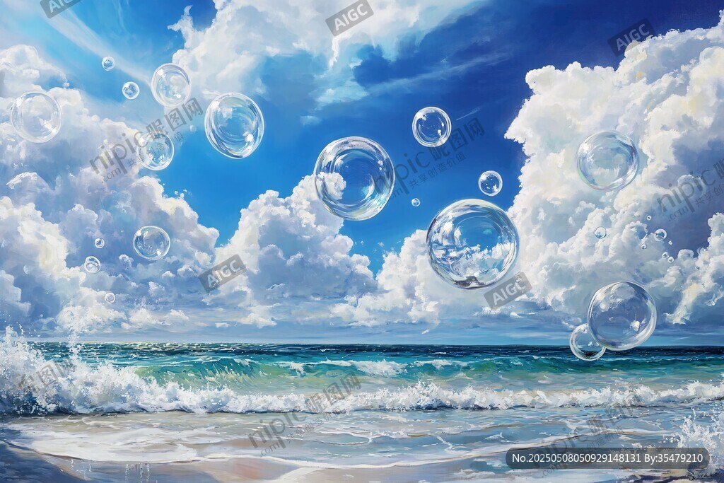 梦幻海面与漂浮的透明泡泡