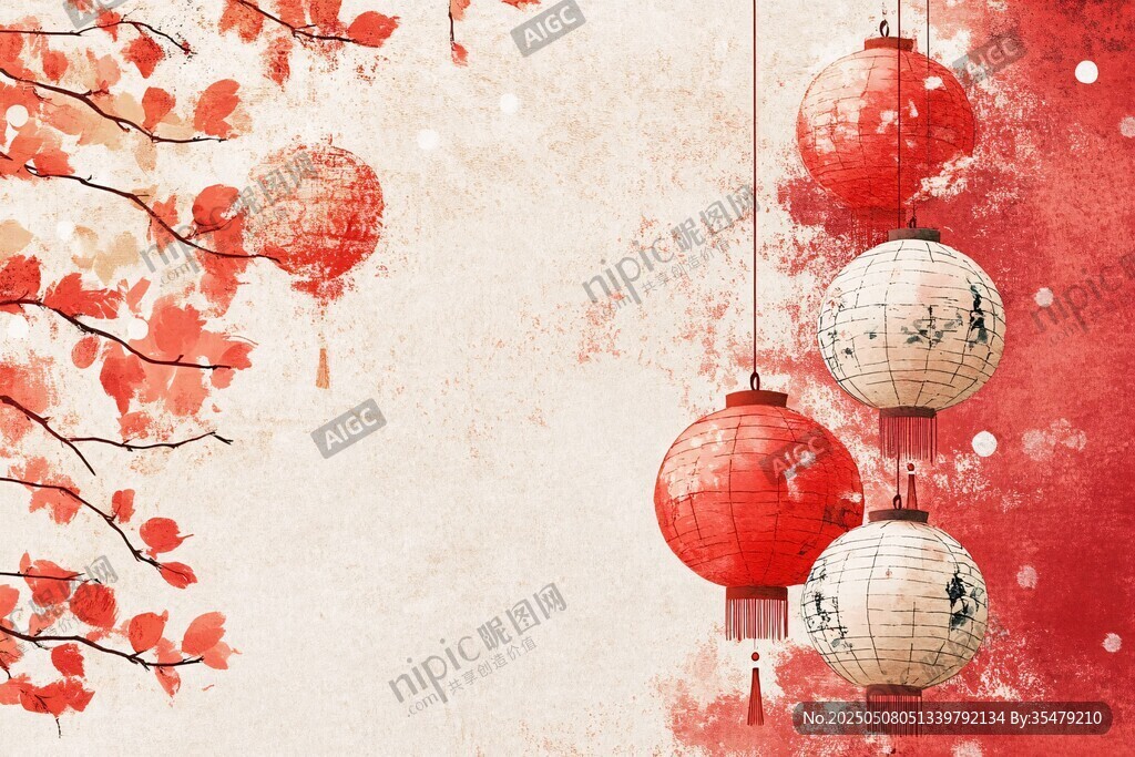 中式古风 红灯笼与红枫叶
