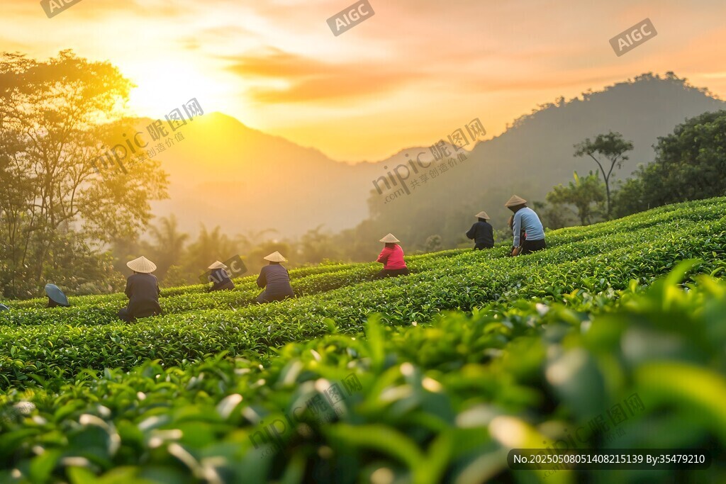夕阳下的茶园采茶景象