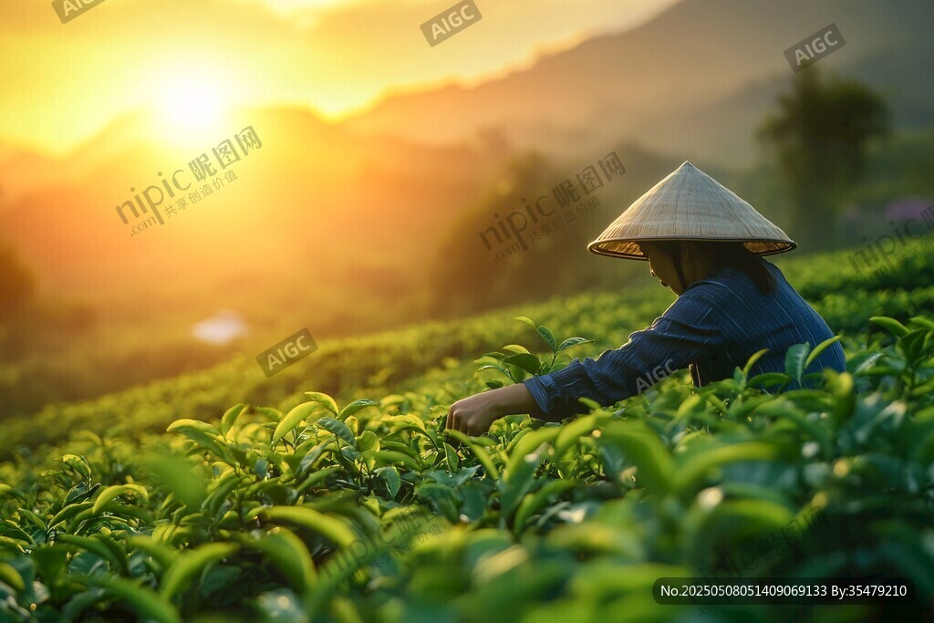 夕阳下的茶园采茶人
