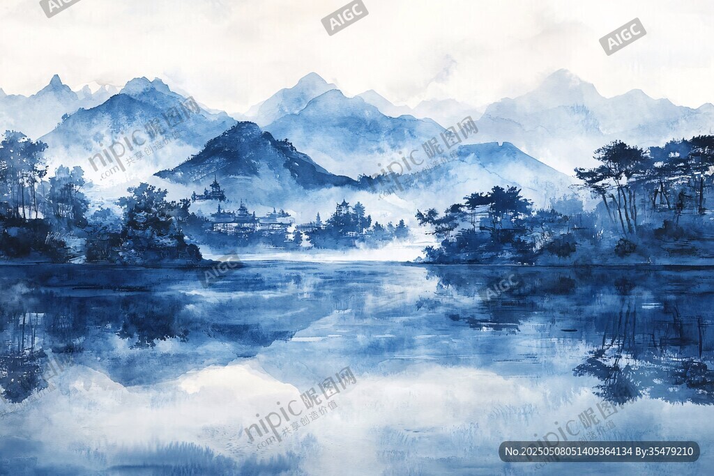 水墨山水湖景图