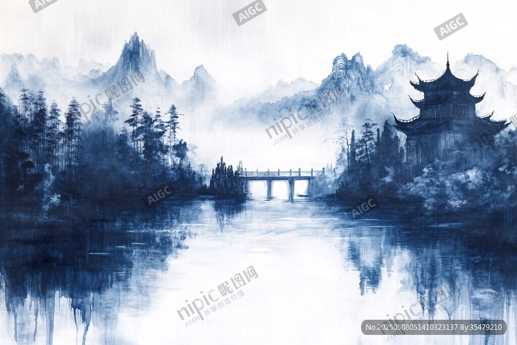 水墨山水间的古韵楼阁