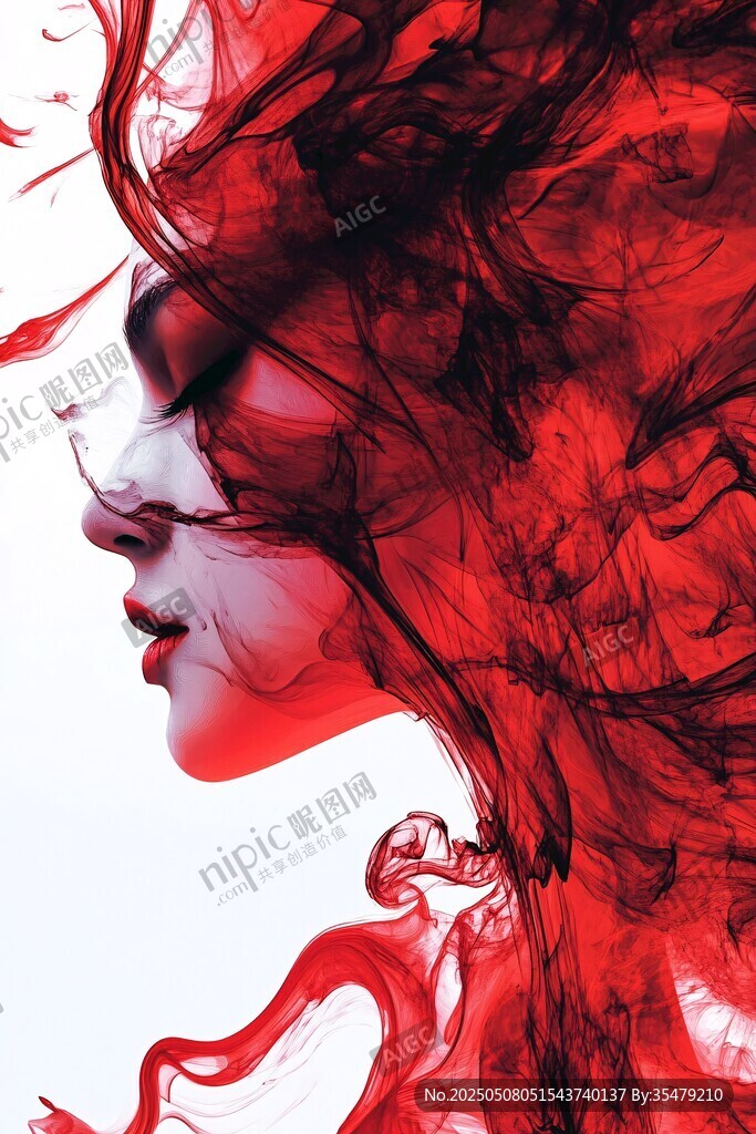 红墨绘就的梦幻女性侧影