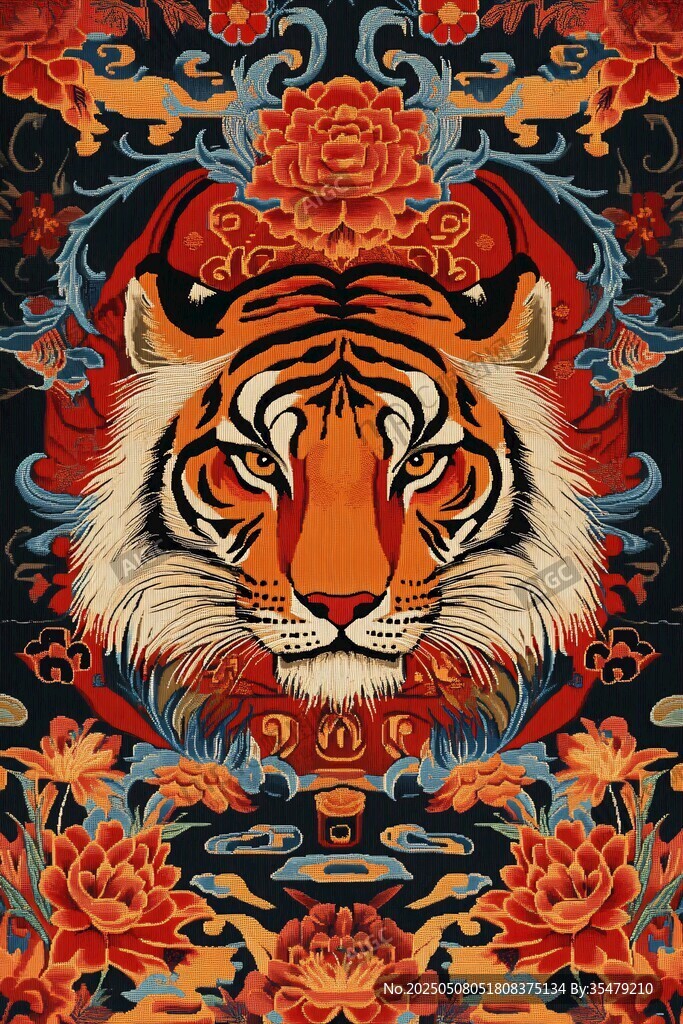 中式虎纹花卉华丽图腾