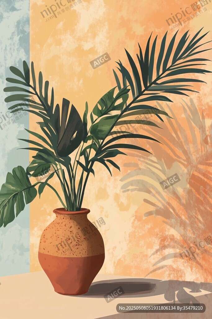 陶罐中的热带绿植插画