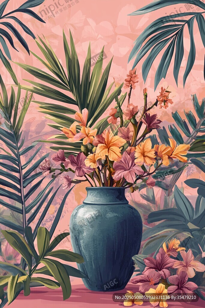 热带花卉插于蓝花瓶中