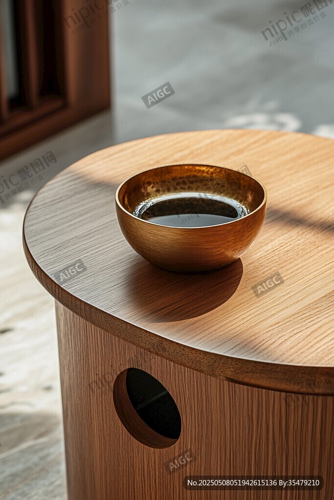 木质圆桌上的古朴铜碗