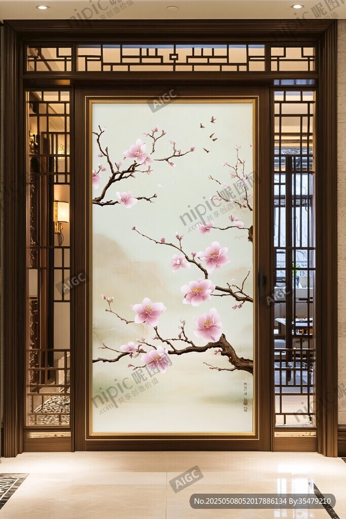 中式桃花屏风 典雅玄关景
