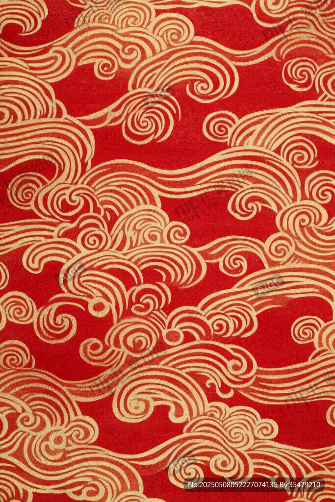 红色金纹海浪中式传统图案