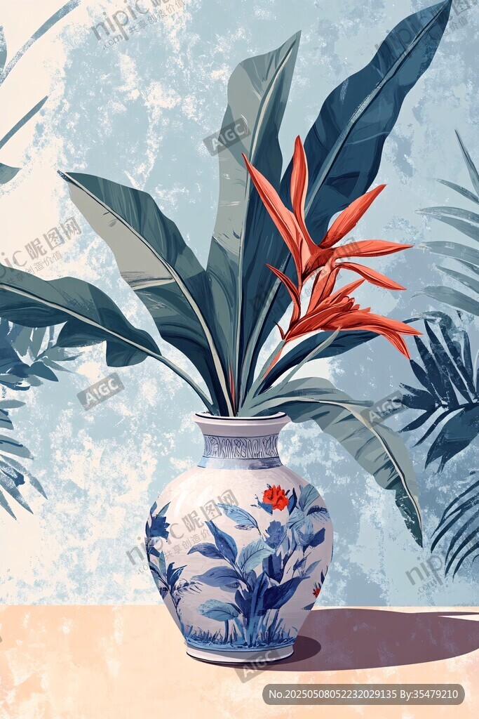 青花瓷瓶中的艳丽鹤望兰