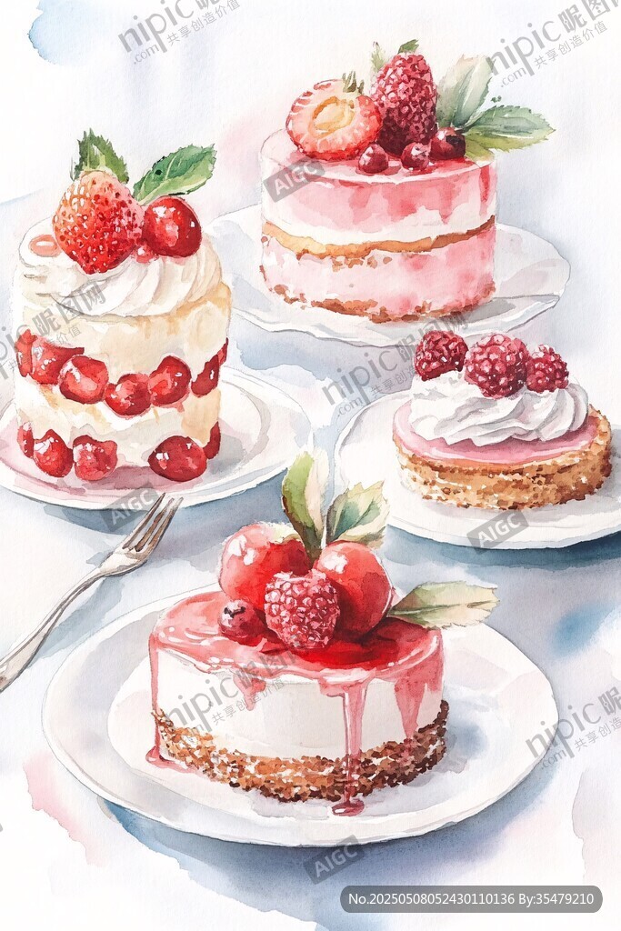 美味草莓蛋糕水彩插画欣赏