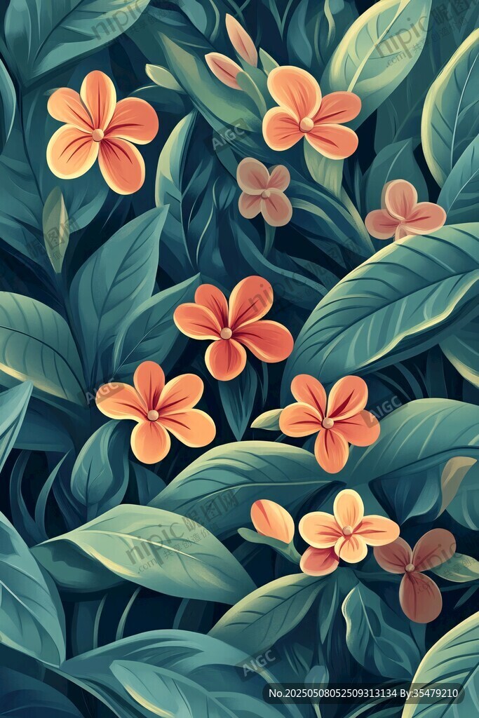 橙色花朵与绿叶的梦幻图景