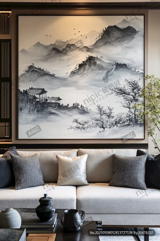 中式客厅里的山水墨画装饰