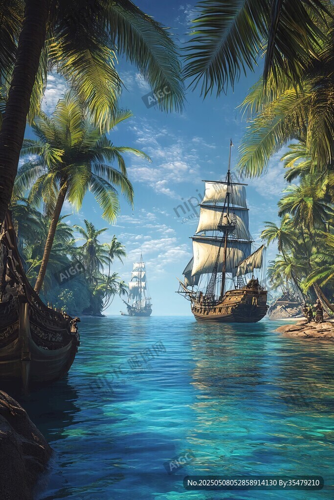 热带海域中的古老帆船