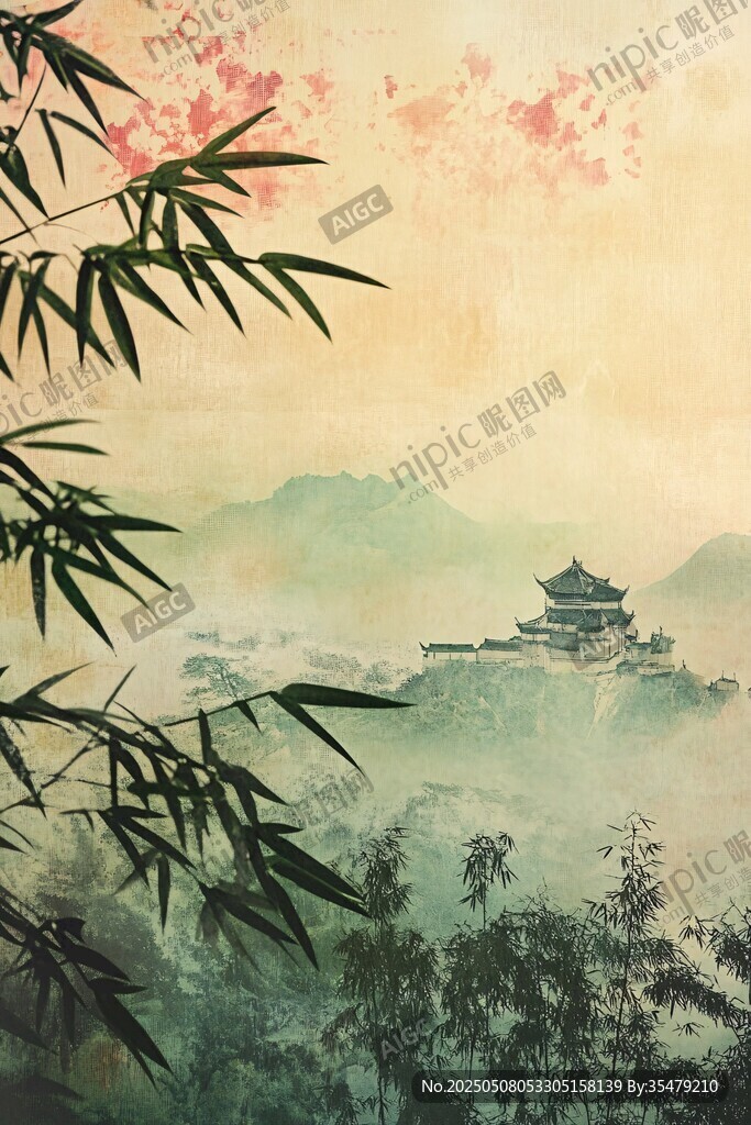 竹林畔的古风山水楼阁图