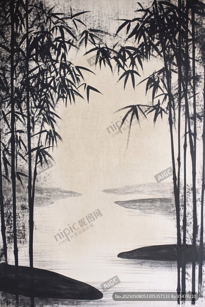 水墨竹林间的静谧河景