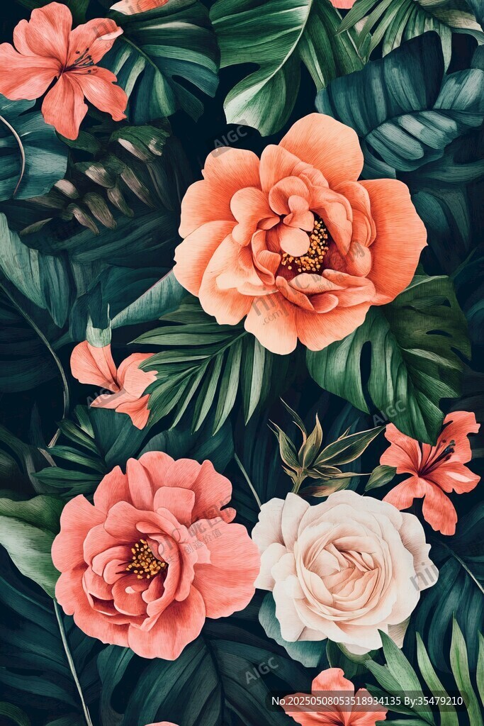 热带花卉与绿叶图案设计
