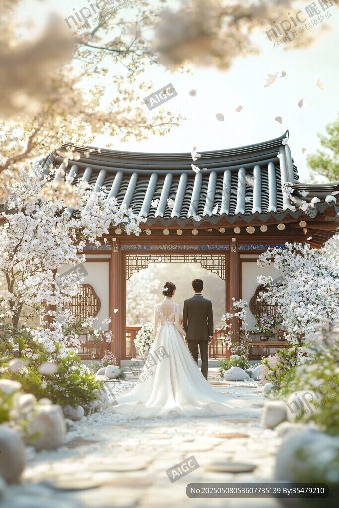 中式庭院中的浪漫婚纱身影