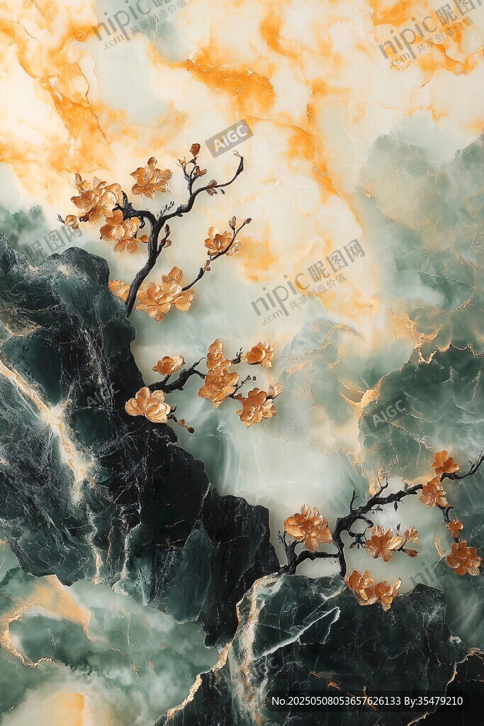 水墨梅花大理石纹理图景