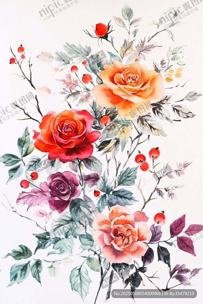 水彩花卉插画 多彩玫瑰与浆果