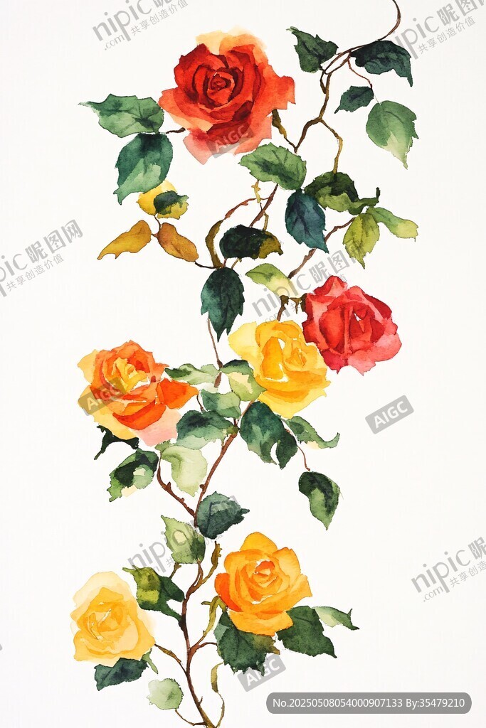 水彩绘就的多彩玫瑰藤蔓